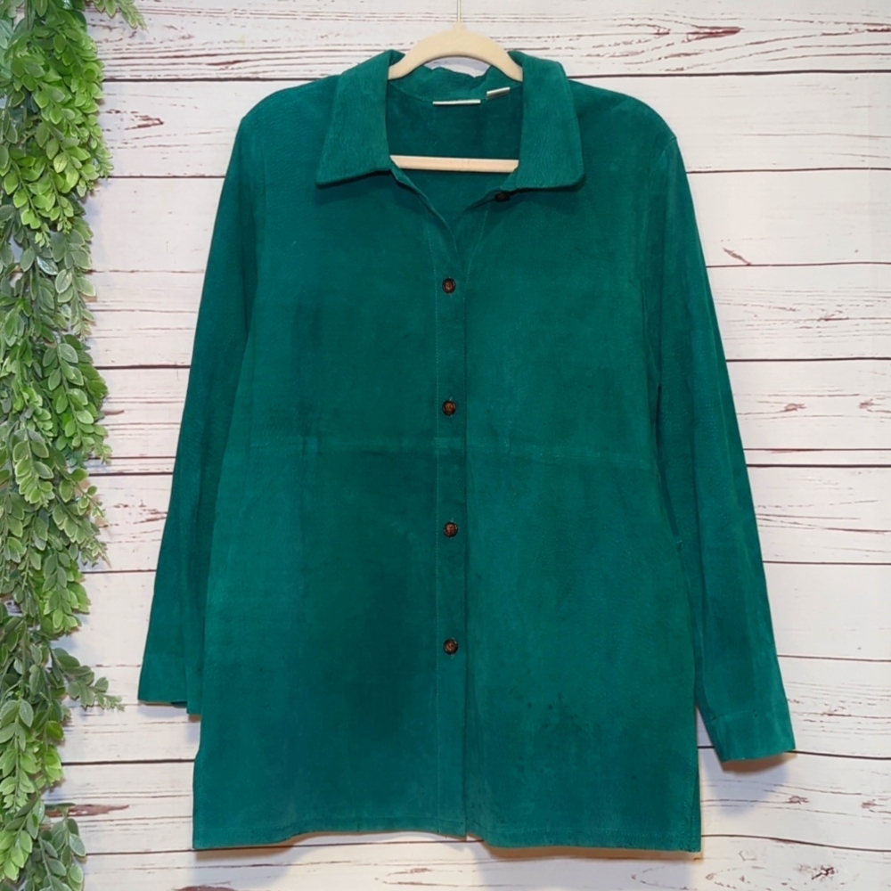 Vtg Kim Rogers Emerald Teal Suede Shacket Jacket Leather Festive Holiday Large